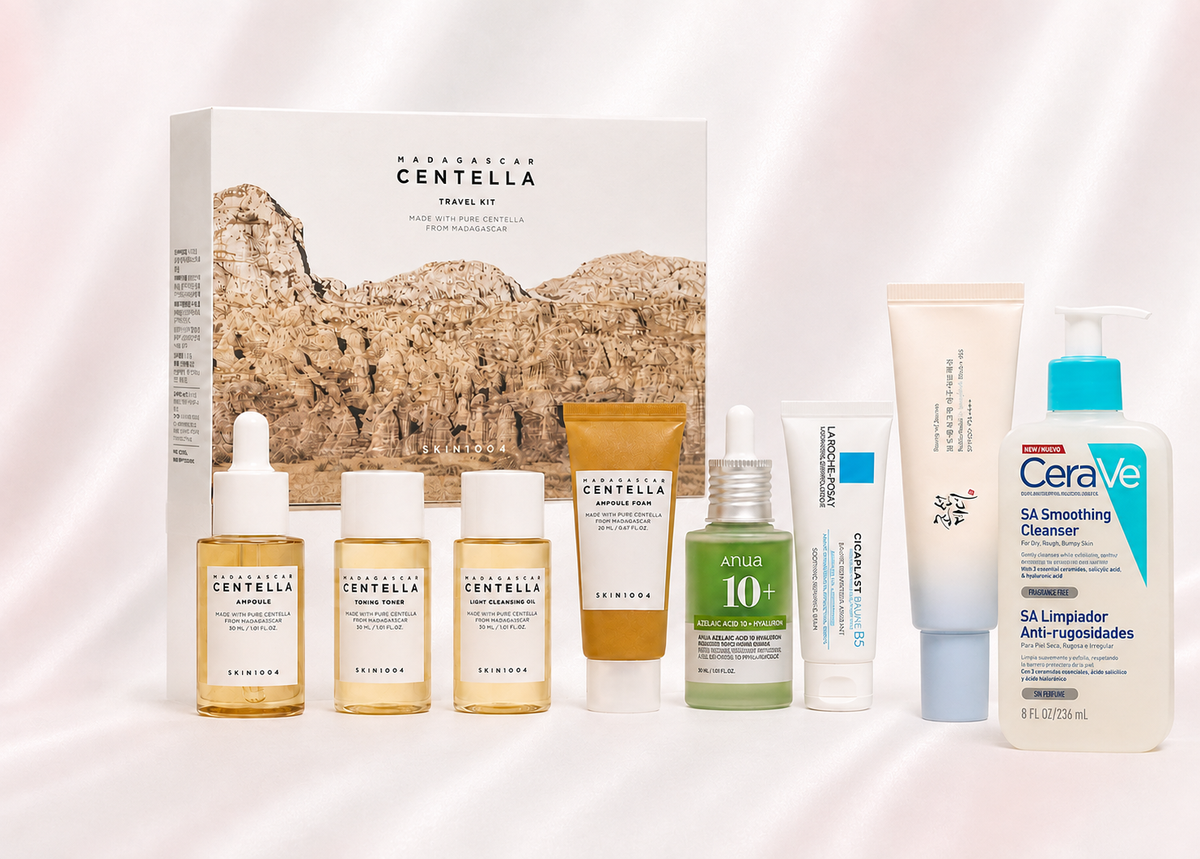 Zedé Glow bestsellers on a pearl satin background featuring SKIN1004, Anua, La Roche-Posay, Beauty of Joseon and CeraVe