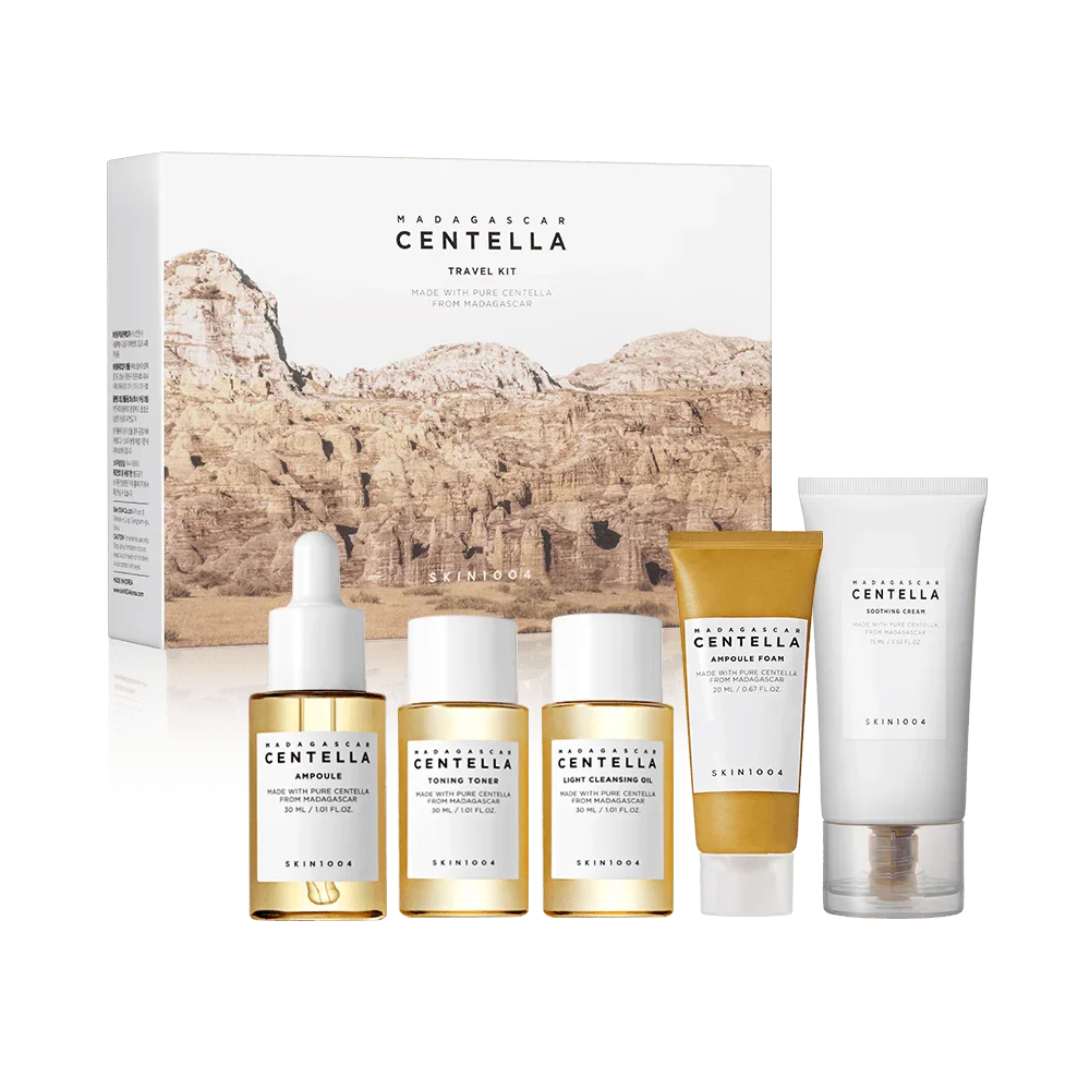 SKIN1004 كِت سفر Madagascar Centella خمس قطع — صورة مجموعة منتجات السنتيلا المصغرة للتنظيف والترطيب والتهدئة