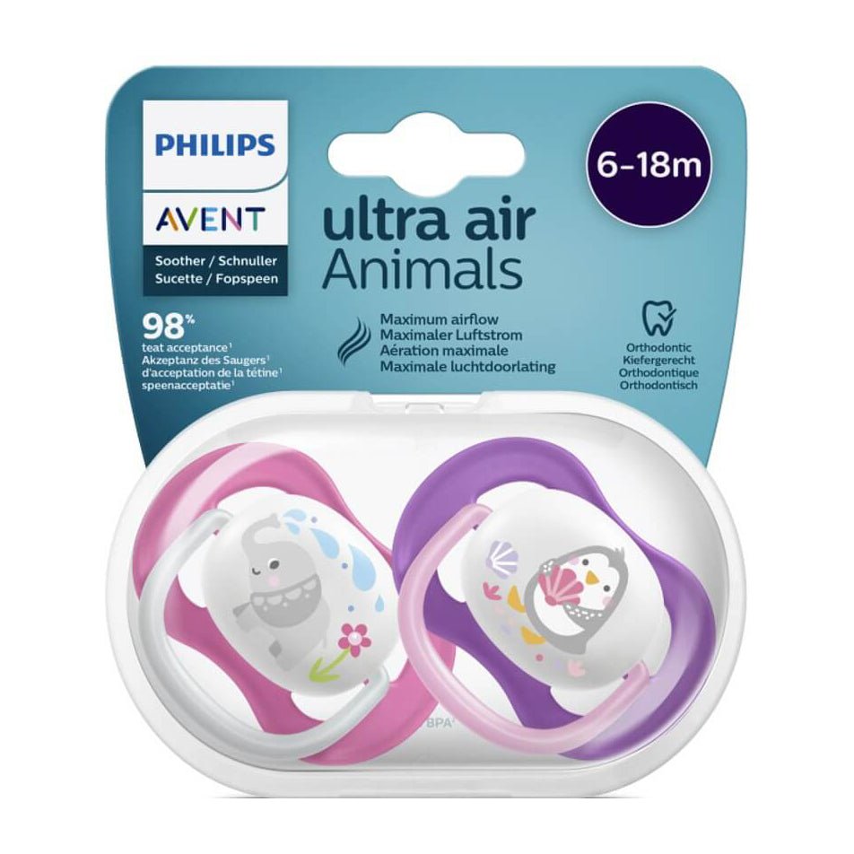 منتج Avent للعناية بالأم والطفل | Avent Ultra Air Animals Pacifier 6-18m – pink & Purple