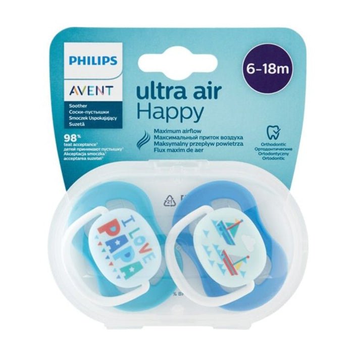 منتج Avent للعناية بالأم والطفل | Avent Ultra Air Happy Pacifier 6-18m – Blue & Light Blue