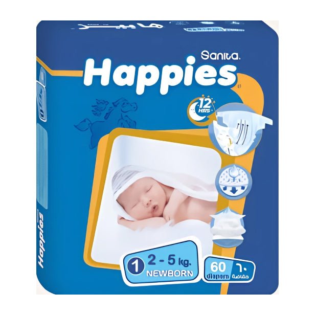 منتج Happies للعناية بالأم والطفل | Happies New Born 2-5kg Size 1 Baby Diapers - 60 Diapers