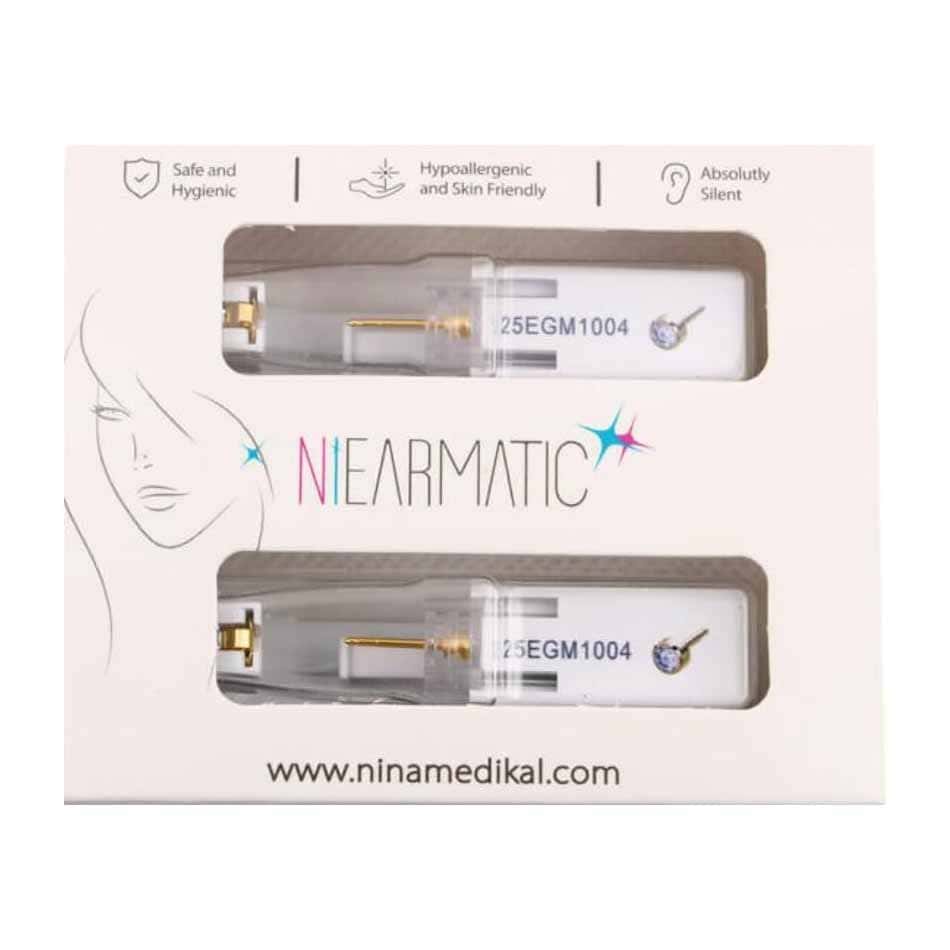 منتج Niermatic للعناية بالأم والطفل | Nina Ear Piercing Gun with Earring Gold Crystal Mini Birthstone - 1 Pair